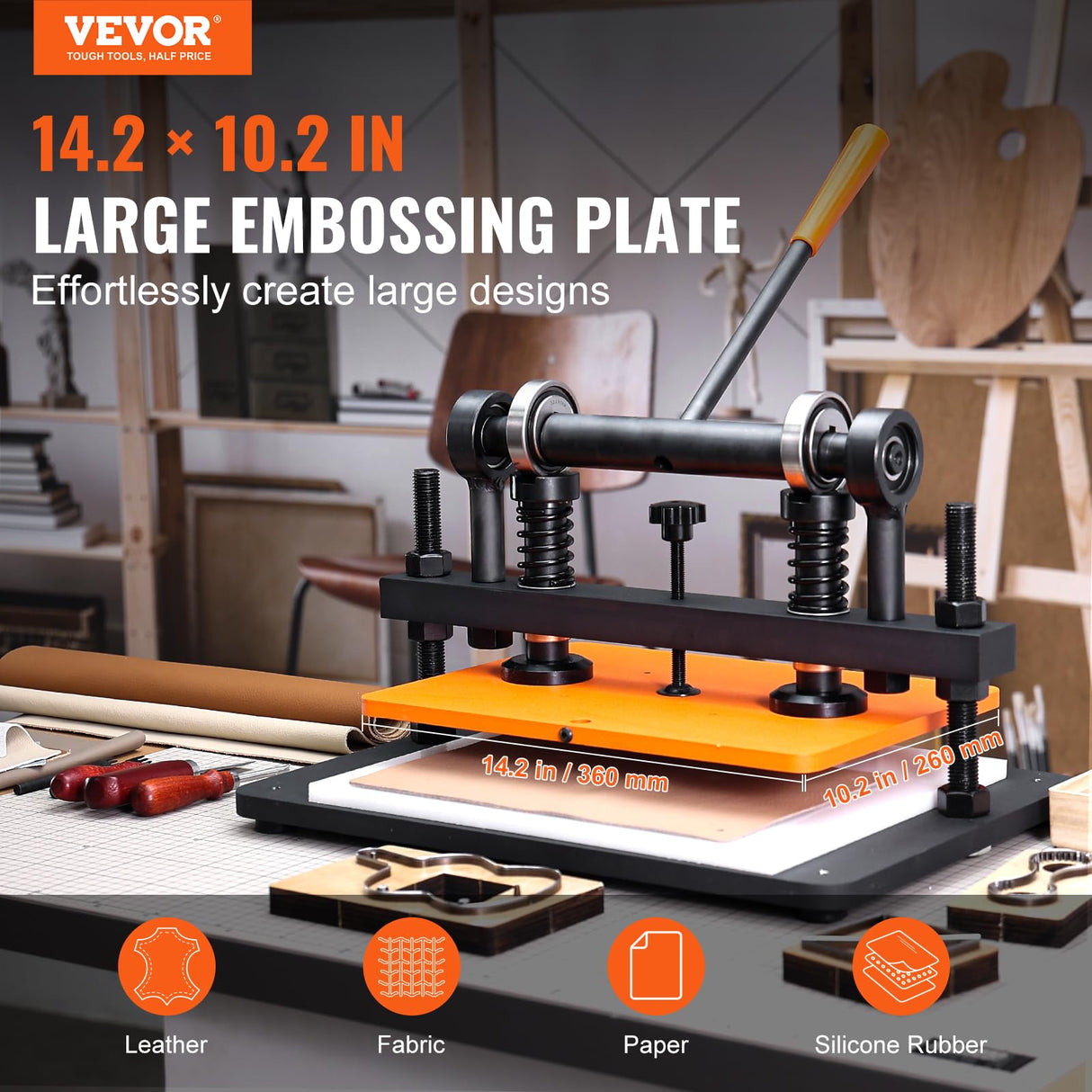 VEVOR Máquina Cortadora de Cuero 360x260 mm Capacidad de Carga de 1,5 T Prensa Troqueladora Manual Carrera Ajustable 12 mm Perforadora Manual para Cuero Papel Espuma Plástico Caucho Varios Materiales