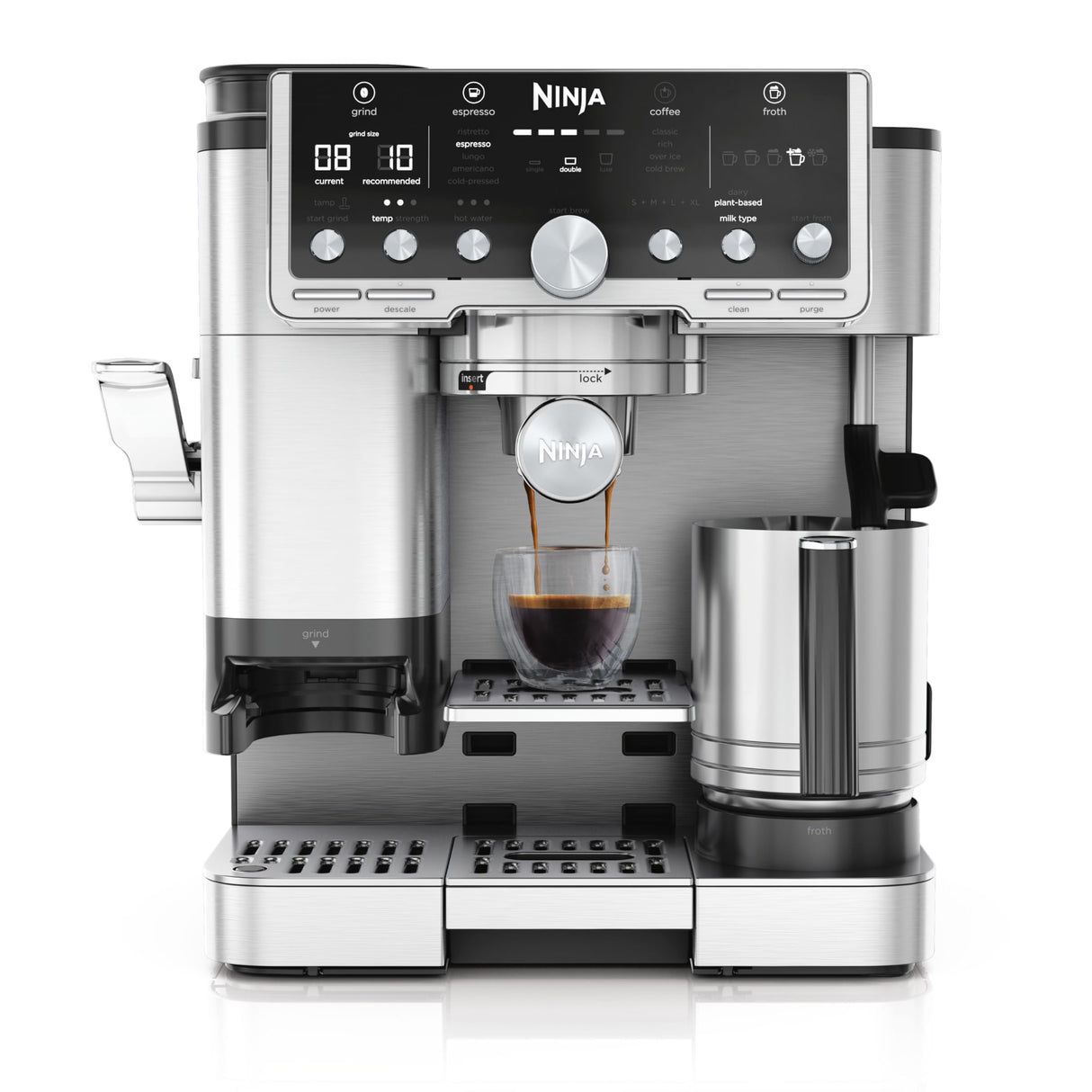 Ninja Luxe Pro Cafetera 3 en 1 para latte, cappuccino, cold brew y espresso con molinillo y espumador de leche integrados, fácil de usar y 5 preajustes automáticos de espuma, plata, ES701EU