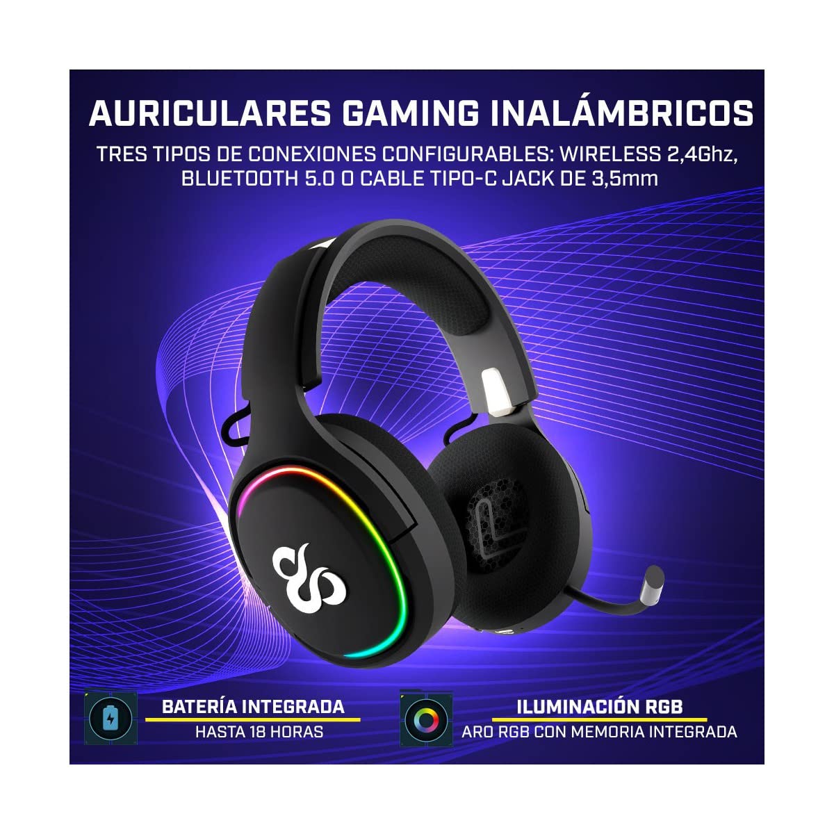 NEWSKILL Aton Black | Auriculares Gaming Inalámbricos | 2.4Ghz | Bluetooth 5.0