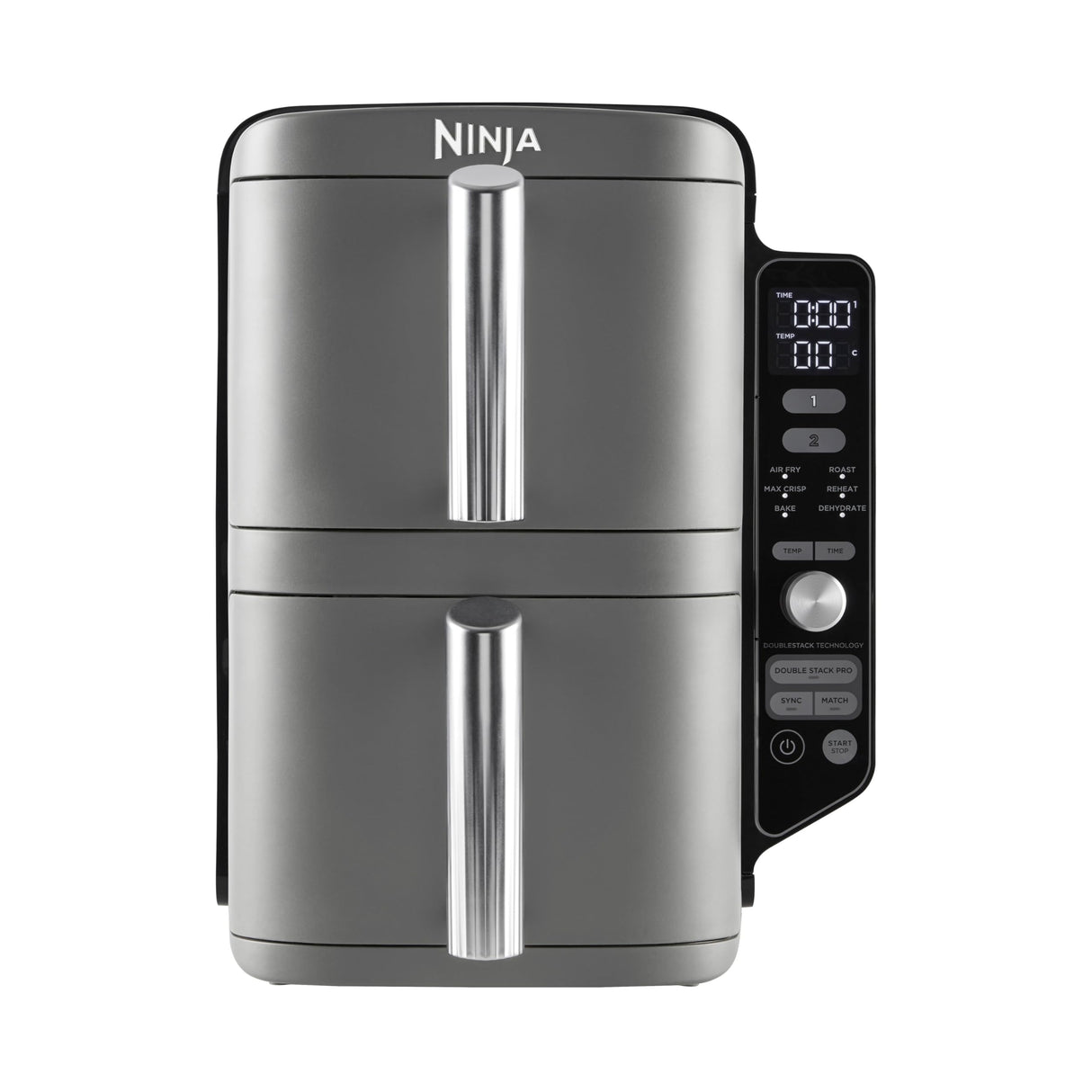 Ninja Double Stack XL Freidora de aire, 9,5 l, Doble cesta vertical, 4 niveles de cocción, 2 cestas y 2 rejillas, diseño para ahorrar más espacio, 6 funciones de cocción, 8 porciones, en gris, SL400EU