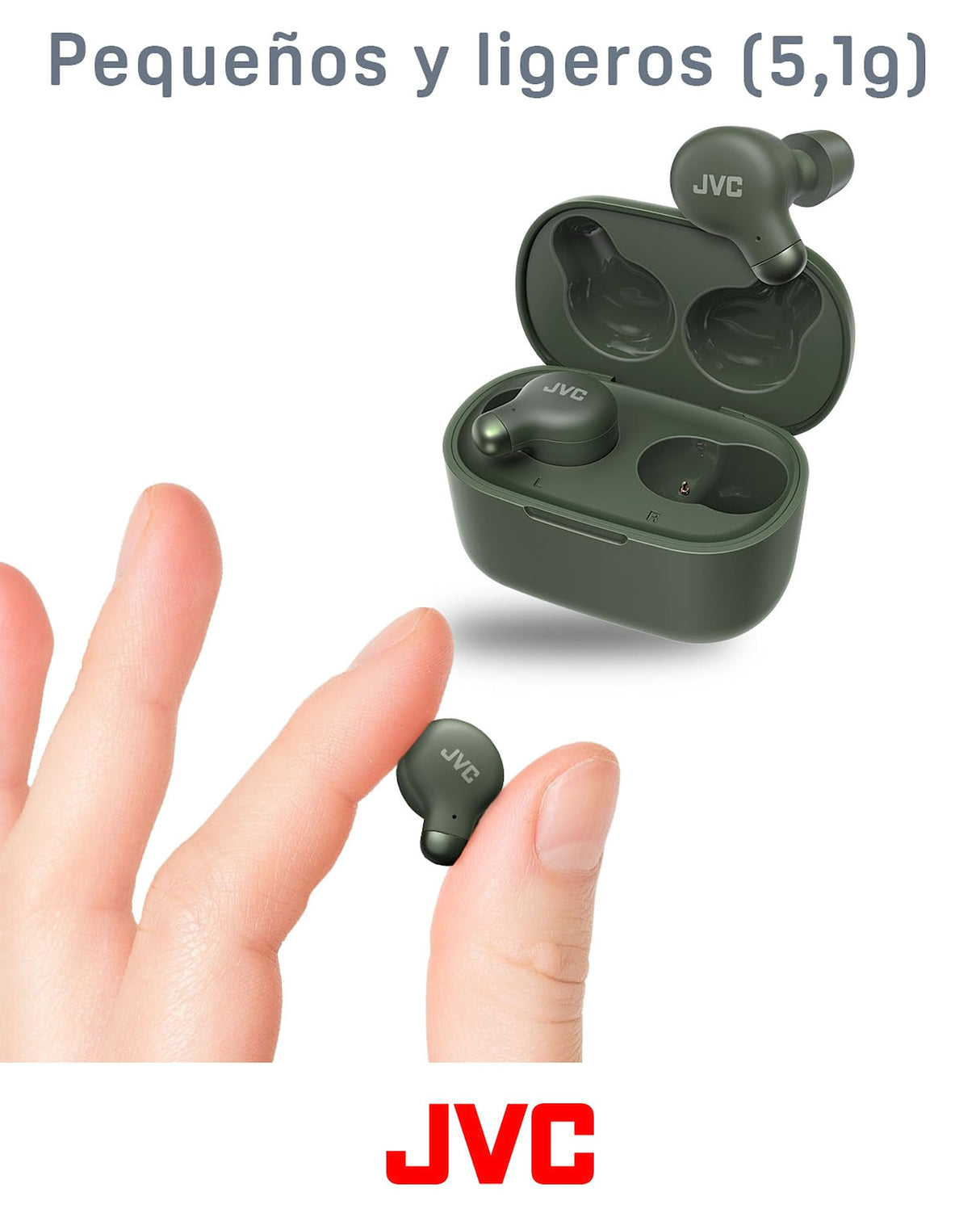 JVC HA-Z250T - Auriculares Inalámbricos con Bluetooth 5.3, 28 Horas de Batería, Certificación IPX4, Solo 5,1g de Peso, Cancelación de Ruido, 3 Pares de Almohadillas de Silicona y 2 de Espuma, Verde