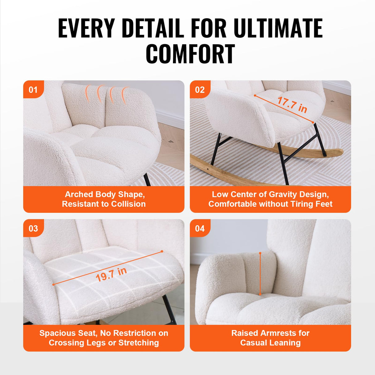 VEVOR Columpio, 113 kg Capacidad de Peso Tela de Peluche Acolchado balancín Deslizante Asiento Suave y Respaldo Alto, Silla de Lactancia para guardería, Dormitorio, Sala de Estar, Blanco Marfil, 95 x