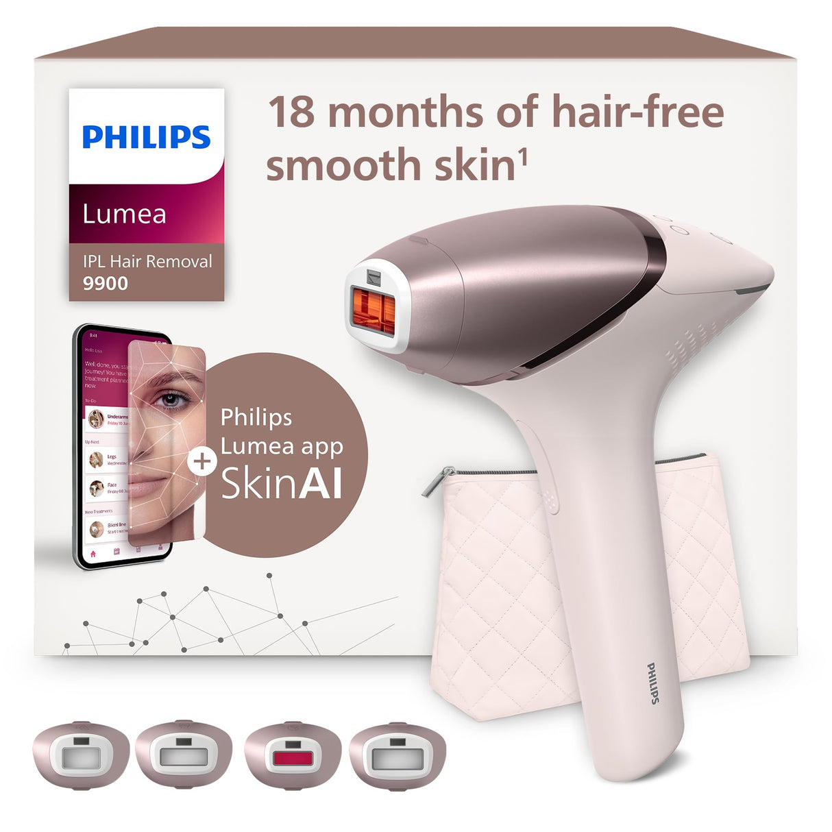 Philips Lumea Serie 9900, depiladora IPL con Inteligencia Artificial, tratamiento personalizado, 4 accesorios para el cuerpo, la cara, la zona del bikini y las axilas, con cable y sin cable, BRI951/00
