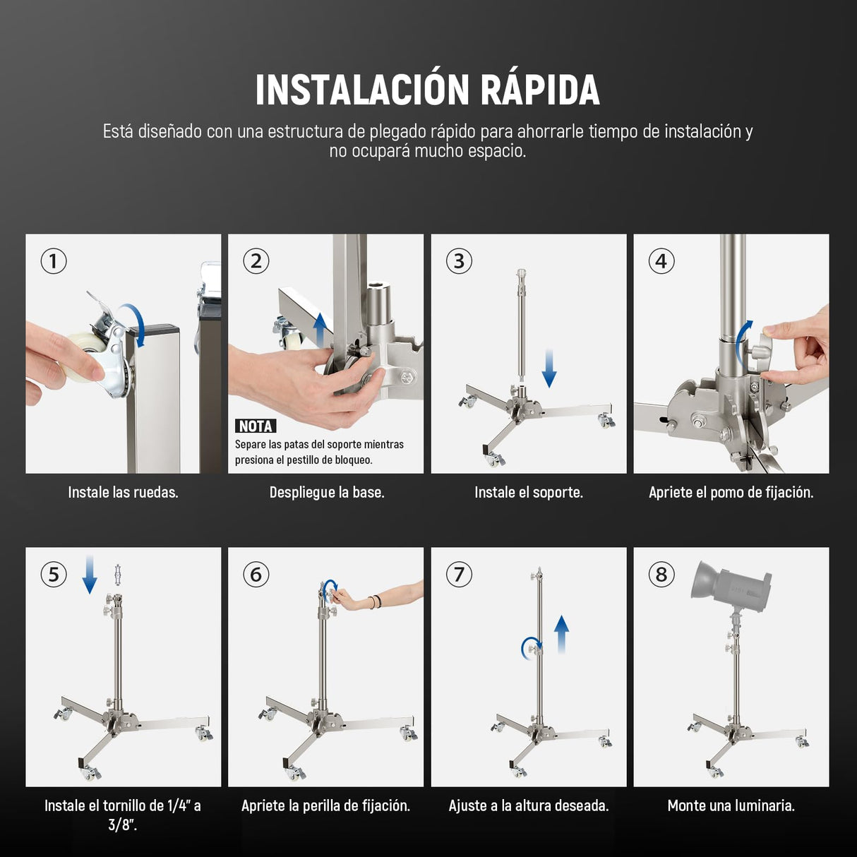 NEEWER Soporte de Luz Alta Resistencia con Ruedas, Altura Máx 3.2ft/98cm, Acero Inoxidable Plegable Trípode Ajustable, Soporte Luz Fotografía para Speedlight Softbox Monoluz, Carga Máx 22lb, ST98SS