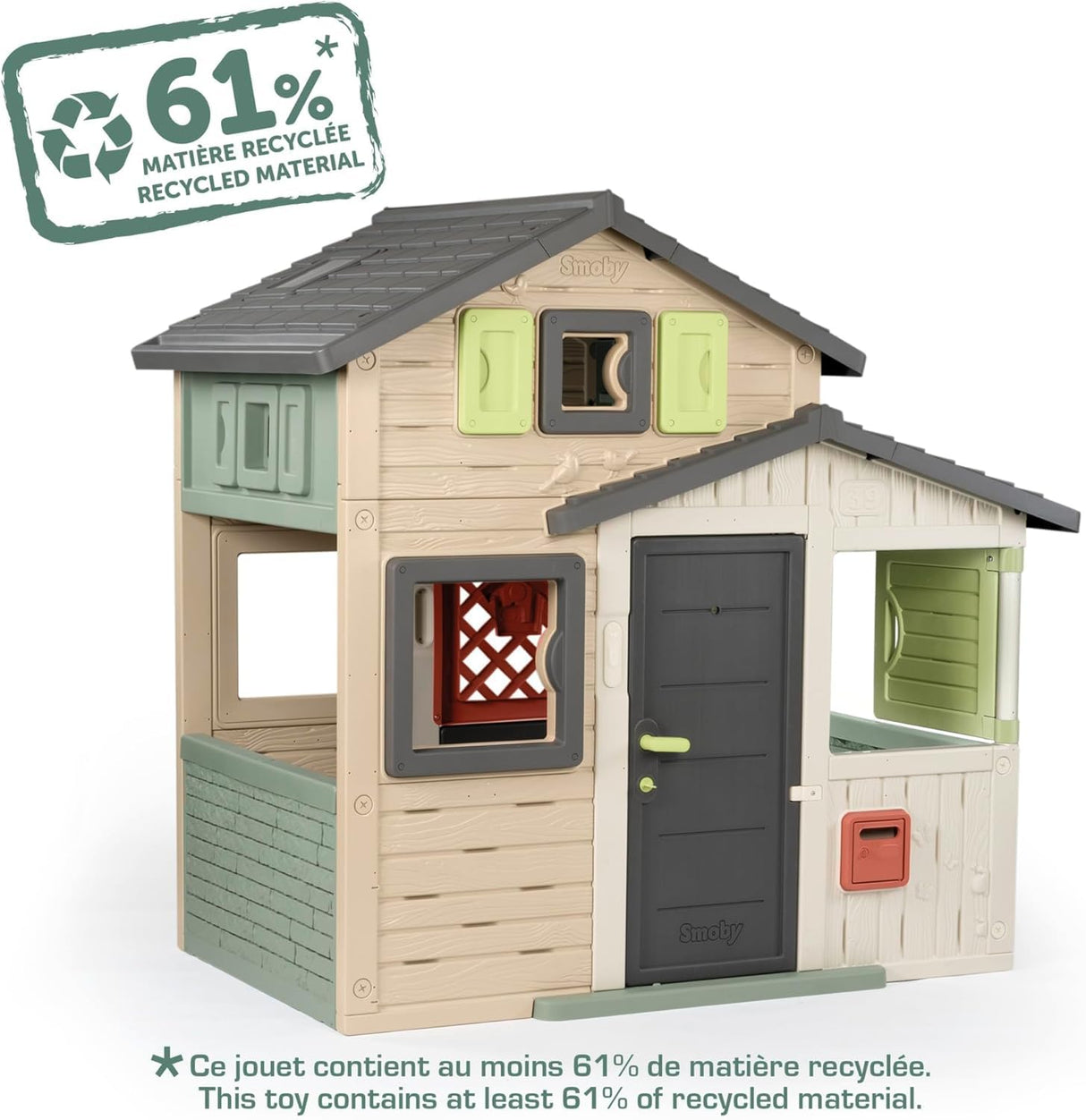 Smoby Life - Casa de Juegos Friends House EVO con 2 Puertas, 6 Ventanas – Fabricada en Material Reciclado, Protección UV, para Niños a Partir de 3 Años (7600810208)