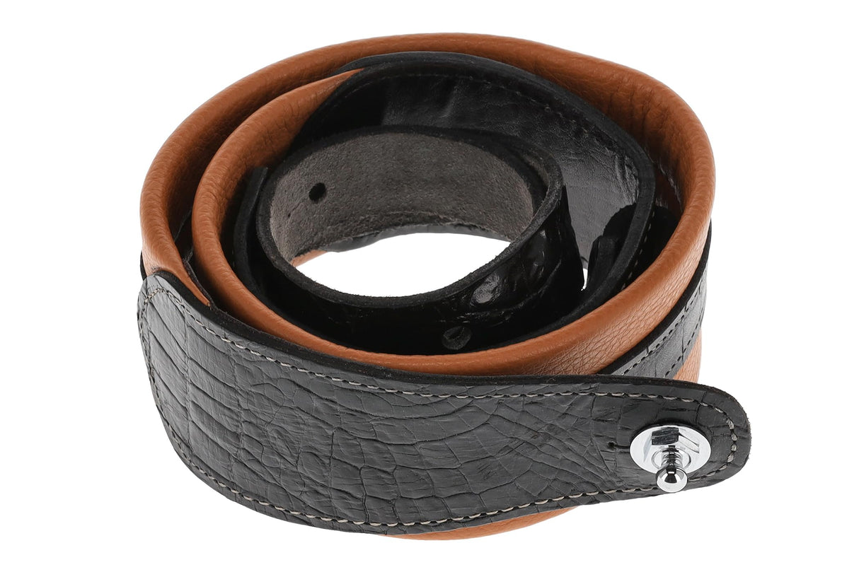 GEWA Correa para guitarra serie Prestige, cuero auténtico, ancho 65 mm, largo 103-139 cm, cierre de seguridad: cromado, arena seca/negro, marrón medio/negro, hecho a mano en Europa
