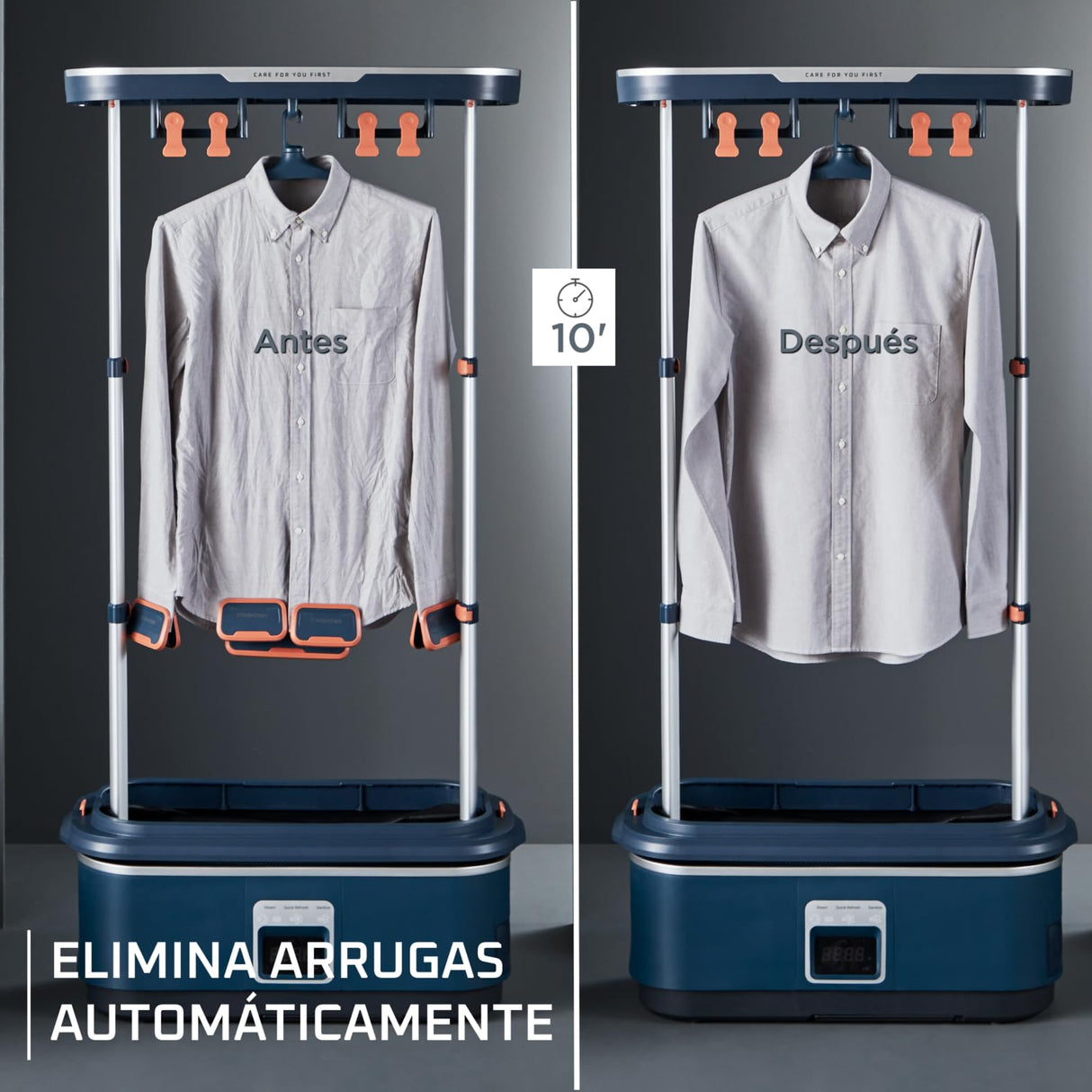 Rowenta Care For You First - Robot de planchado 1500 W, bajo consumo energético, elimina arrugas, desinfecta, refresca y elimina olores, hasta 3 prendas, diseño compacto, incluye accesorios, YR2020