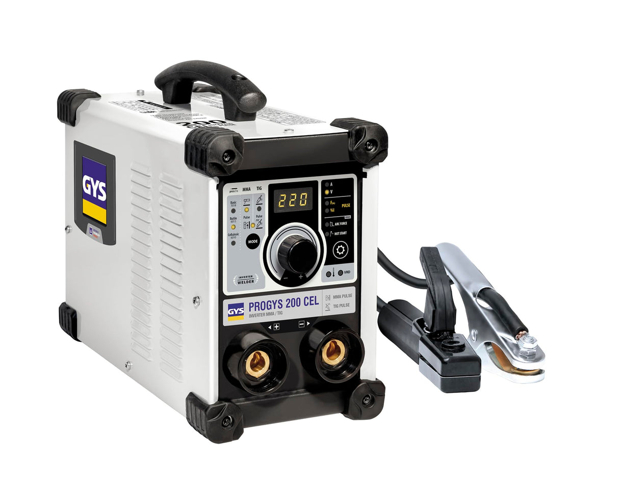 GYS, PROGYS 200 CEL, Estación de Soldadura de Electrodo Recubierto 200A Monofásico 230V (MMA), TIG DC Lift & MMA Pulsado, Digital, Arc Force, Antisticking, Hot Start, Con Portaelectrodos, Cable de
