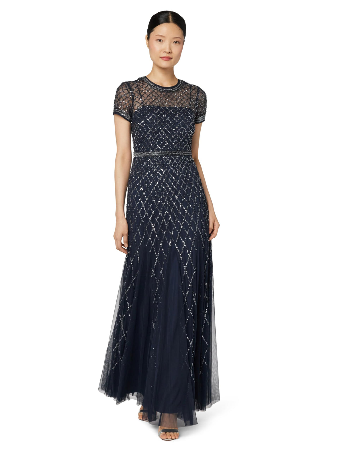 Adrianna Papell - Vestido de Manga Corta con Cuentas de Rejilla para Mujer, Marino, 10