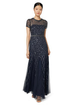 Adrianna Papell - Vestido de Manga Corta con Cuentas de Rejilla para Mujer, Marino, 10