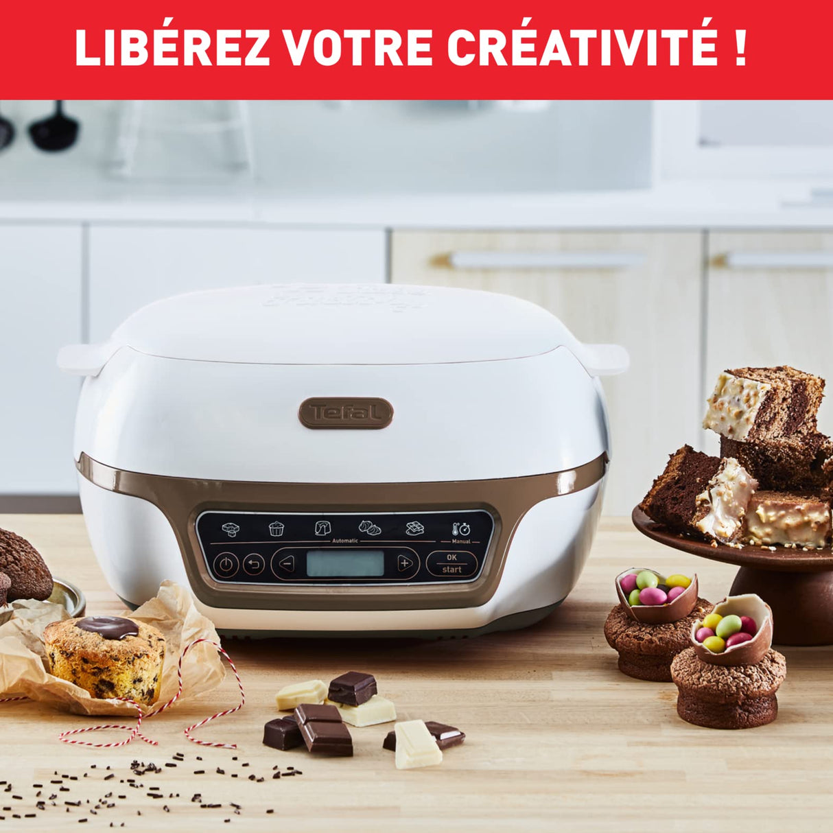Tefal Cake Factory - Máquina inteligente para tartas, electrodoméstico de cocción, de pastelería, máquina de pan, magdalenas, con 4 moldes, 5 programas, compatible con moldes Crispybake KD802112