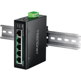 TRENDnet, TI-PG50, Conmutador Gigabit Industrial no administrado Reforzado de 5 Puertos, 10/100/1000 Mbps, conmutador DIN-Rail, 4 Puertos Gigabit PoE+, 1 Puerto Gigabit