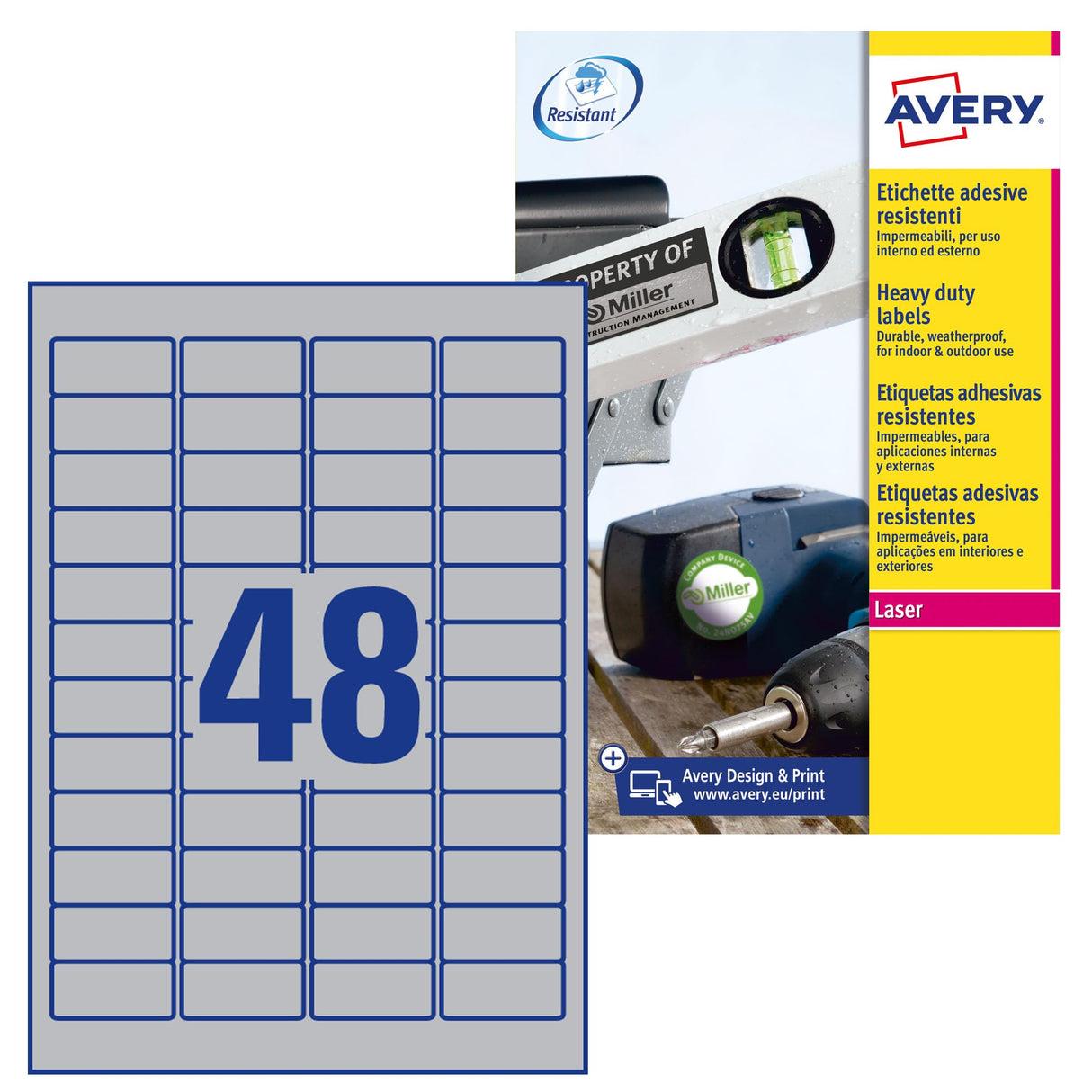 Avery España L6009-100, Etiquetas adhesivas plateadas resistentes intemperie y agua, 45,7x21,2mm, caja de 4800 etiquetas