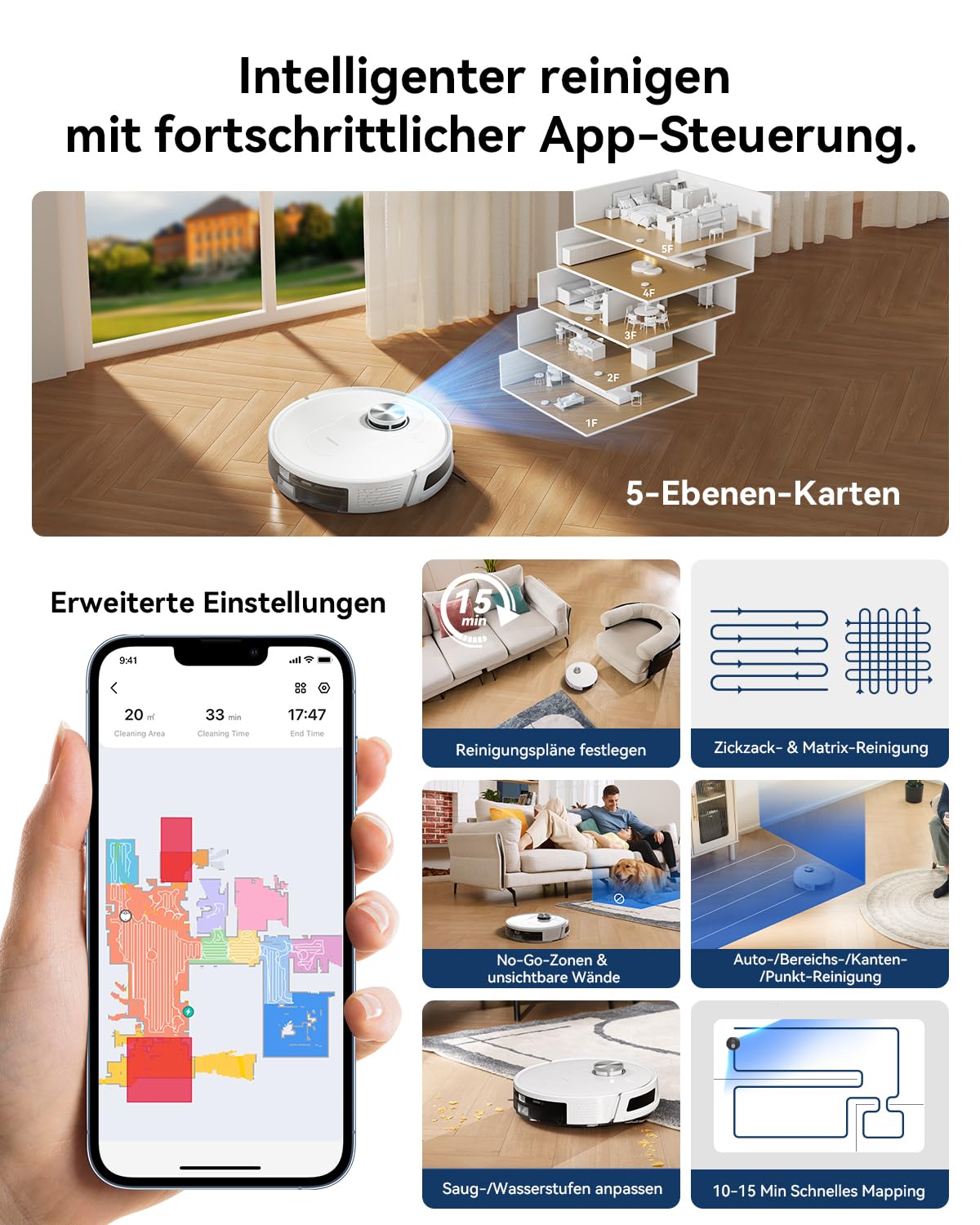 Proscenic Q8 Robot Aspirador con función de Limpieza, 4200 Pa, 200 min, Potente Robot de navegación láser con 5 Tarjetas, Control Mediante aplicación Alexa Siri IFTTT, para Suelos, alfombras, Pelo de