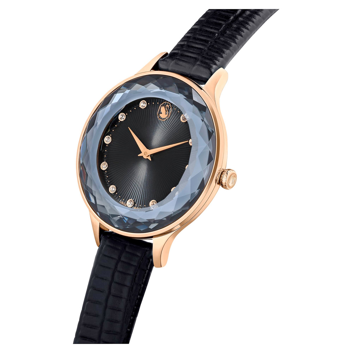 Swarovski Reloj Octea Nova, Fabricado en Suiza, Correa de piel, Negro, Acabado tono oro rosa