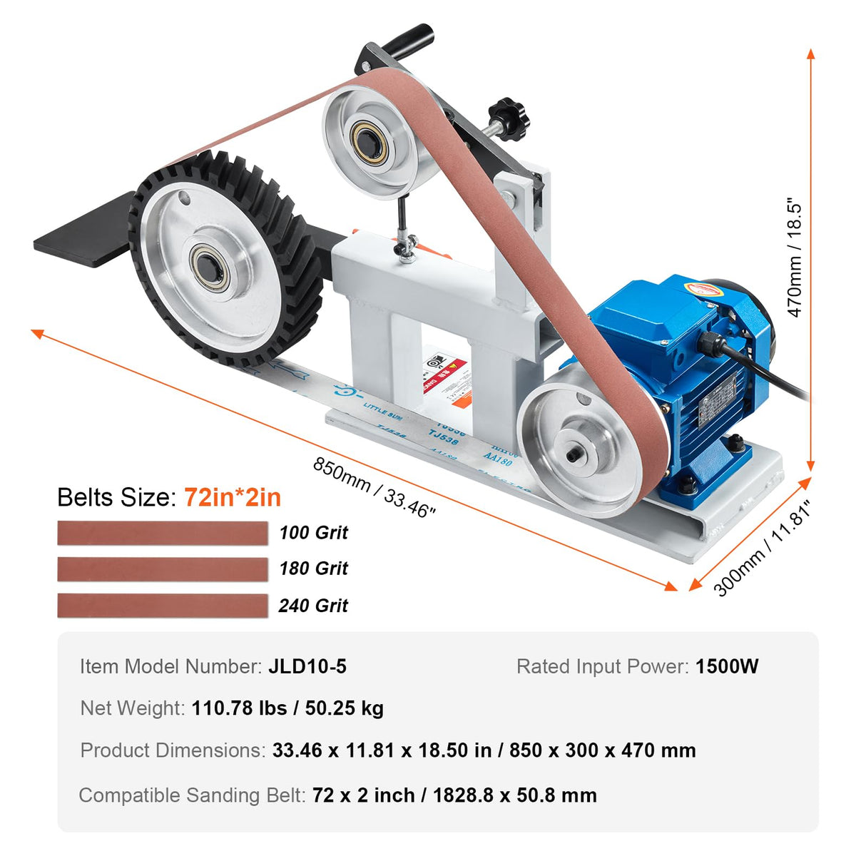 VEVOR Lijadora de Banda, Velocidad Variable de 850 x 300 x 470 mm con VFD, Pulidora de Banda de 1500 W y 2 HP con 3 Moldes de Pulido y 3 Bandas de Lijado para Trabajar Metales y Fabricar Cuchillos