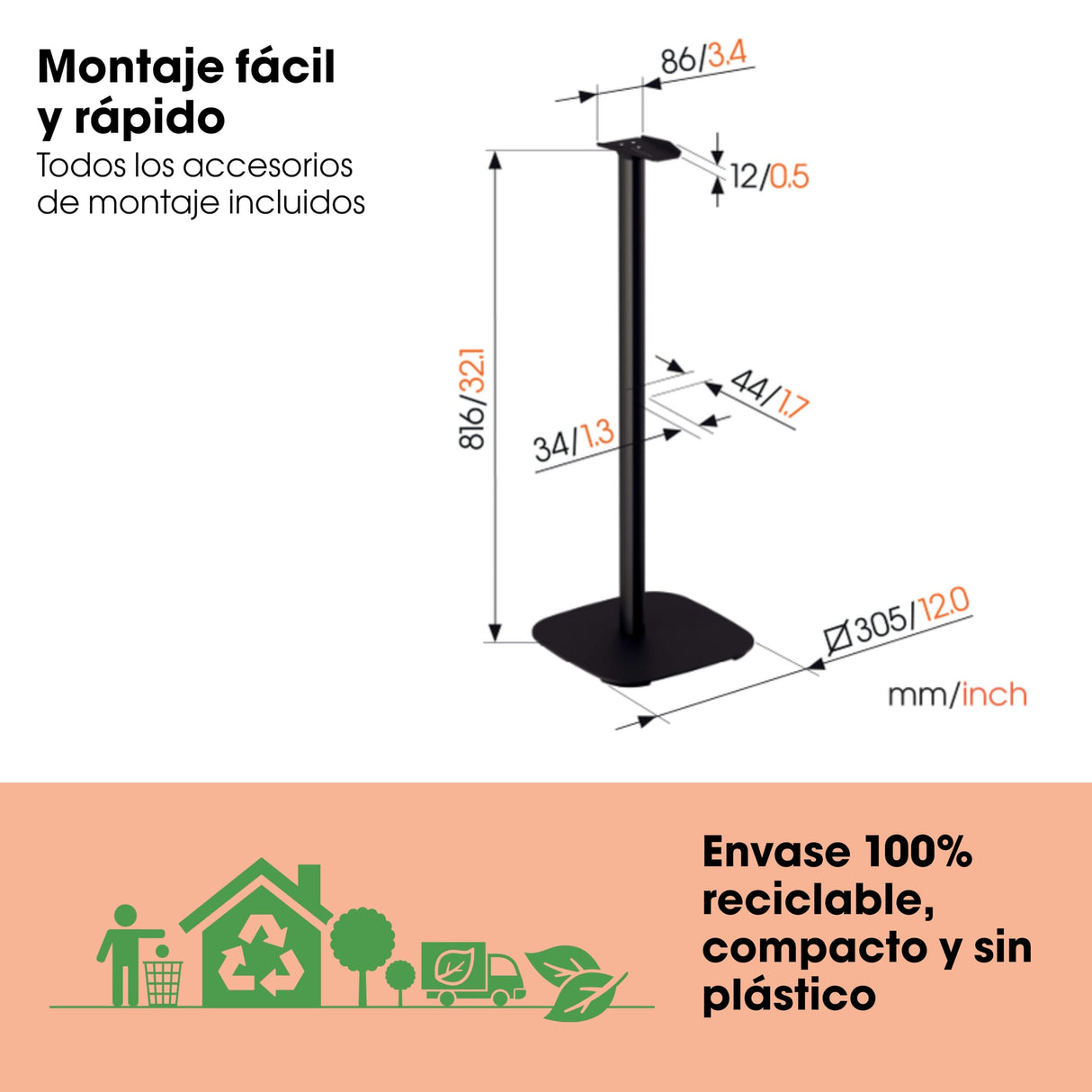 Vogel's SFS 4133 Pie de Altavoces para Sonos ERA 300, Sistema para colocación de Cables, Altura: 82 cm, Máx. 5 kg, Negro