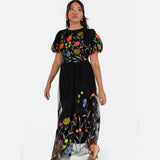 Maya Deluxe Women's Ladies Midi Dress Black Short Puff Sleeves Round Neck Floral Embroidered Open Back Tie A-Line Occasion Evening Vestido, 40 para Mujer