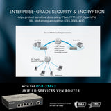 D-Link DSR-250V2 Router Profesional Firewall VPN, Gigabit Multi-WAN, balanceo de Carga, 1p WAN, 3p LAN, 1p WAN/LAN/DMZ, VPN avanzado para securizar teletrabajo, Control de Webs y apps