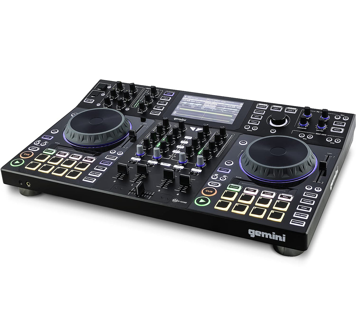Gemini Sound SDJ-4000 DJ Equipment Console Table con 2 cubiertas, mezclador de audio de 4 canales, ruedas táctiles compatibles y pantalla HD de 7 pulgadas