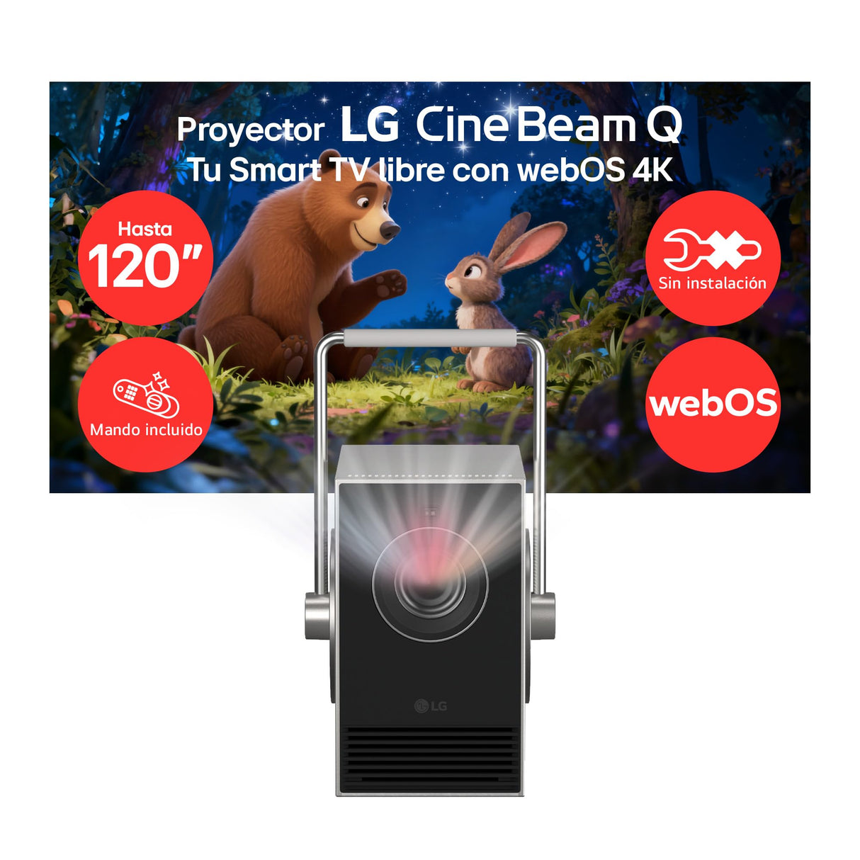 LG PU600U - Proyector CineBeam 4K UHD, Láser 3 Ch (RGB), Smart TV WebOS 24, Brillo 600 Lúmenes, HDR10 y HLG, Pantalla hasta 120", AirPlay 2 y Screen Share, Bluetooth, Plata/Negro