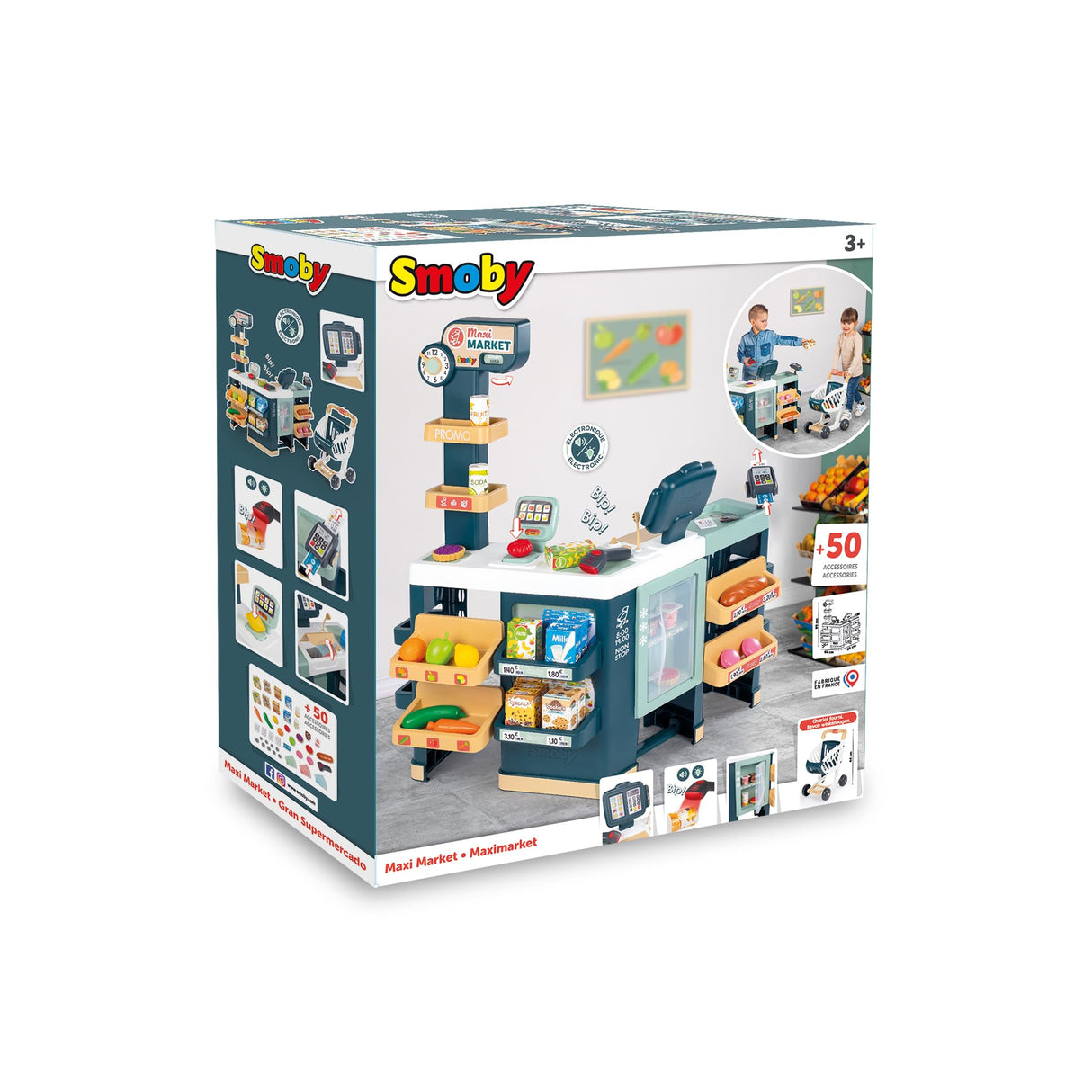 Smoby- Supermercado Maxi con Carrito- Caja Registradora Sin Función Real, Zona de Embolsado, Lector de Código de Barras, Balanza, Frigorífico y 50 Accesorios, Juguete Niños Niñas 3 años (7600350242)