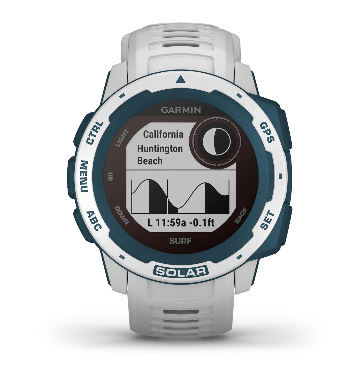 Garmin Instinct Surf Solar, Reloj inteligente con GPS resistente al agua, funciones deportivas de surf, carga solar, pulsioximetría y notificaciones del smartphone, Blanco