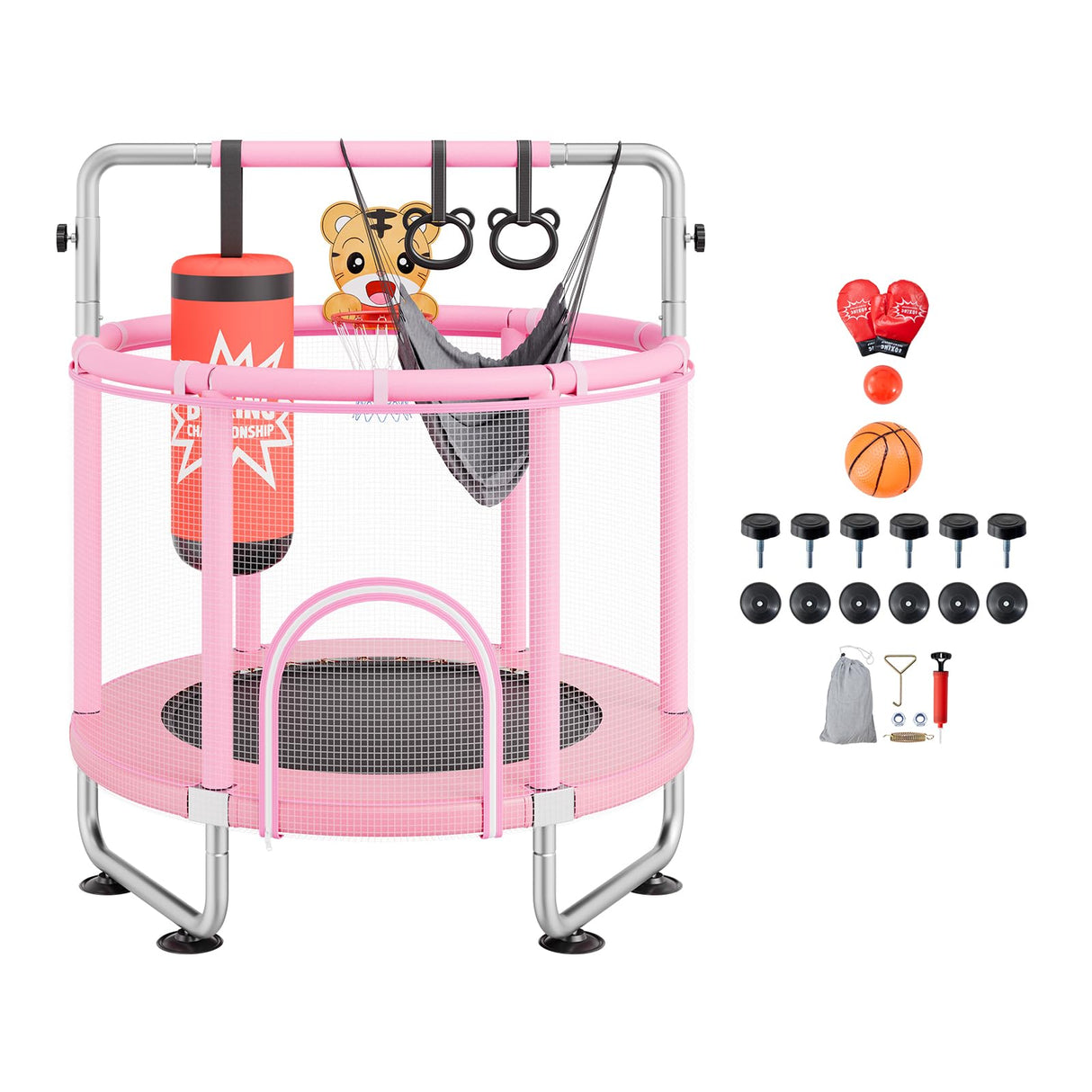VEVOR Trampolín para Niños para Interiores y Exteriores, Mini Trampolín Recreativo para Niños Pequeños con Red de Seguridad y Aro de Baloncesto, para Niños de más de 3 Años, 1470 x (1540-1690)mm, Rosa