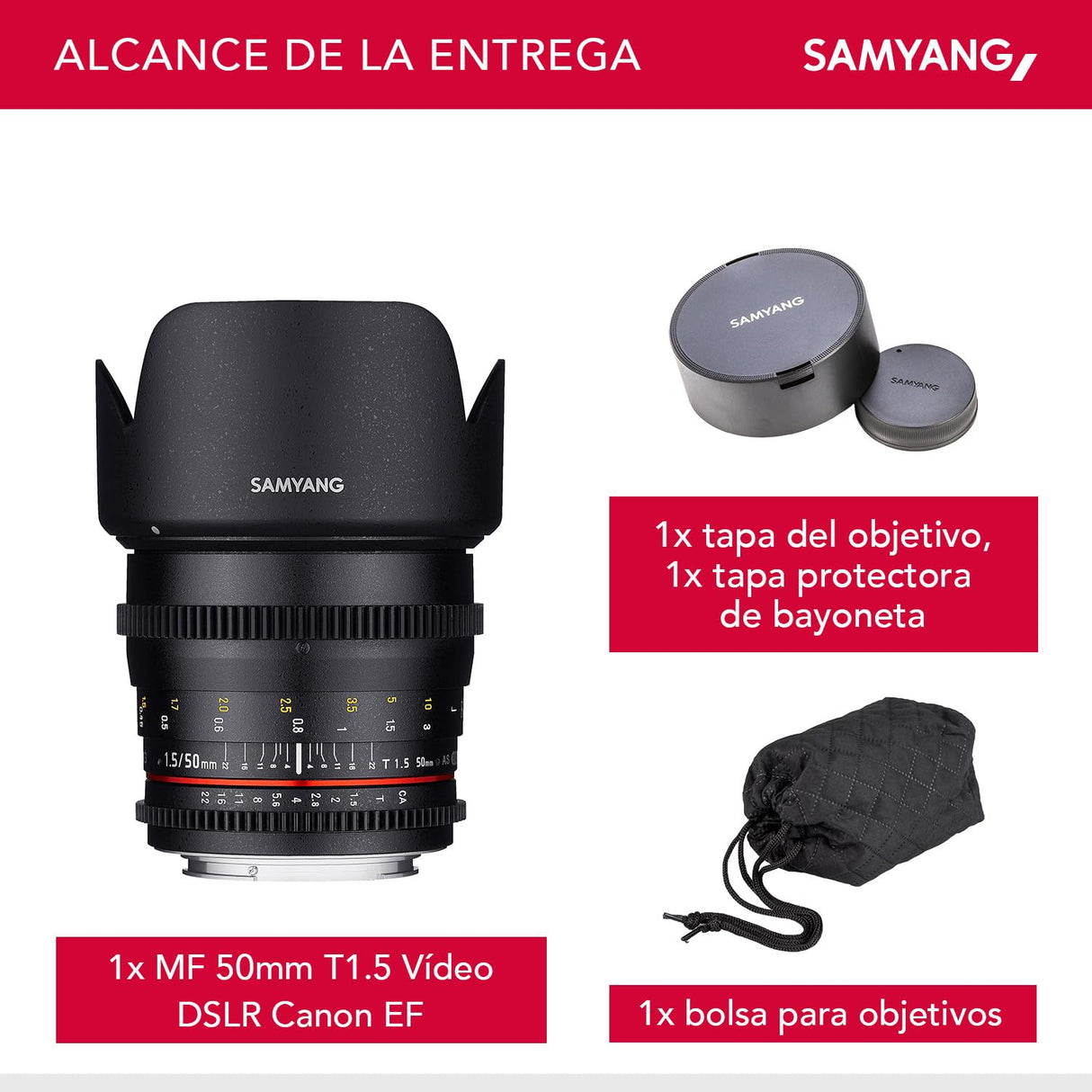 Samyang F1311101101 - Objetivo para vídeo VDSLR para Canon EF (Distancia Focal Fija 50mm, Apertura T1.5-22 AS UMC, diámetro Filtro: 77mm), Negro