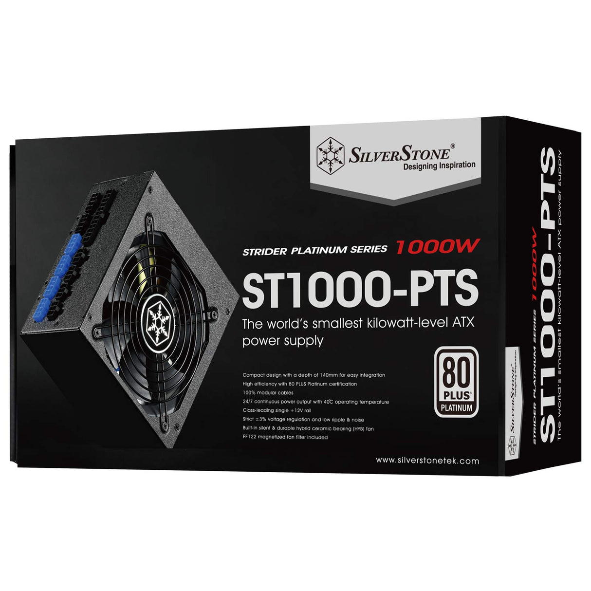 SilverStone SST-ST1000-PTS - Strider Platinum Series, 1000W 80 Plus Platinum, fuente de alimentación ATX PC, ventilador de 120 mm HYB, 140 mm de profundidad, 100% modular
