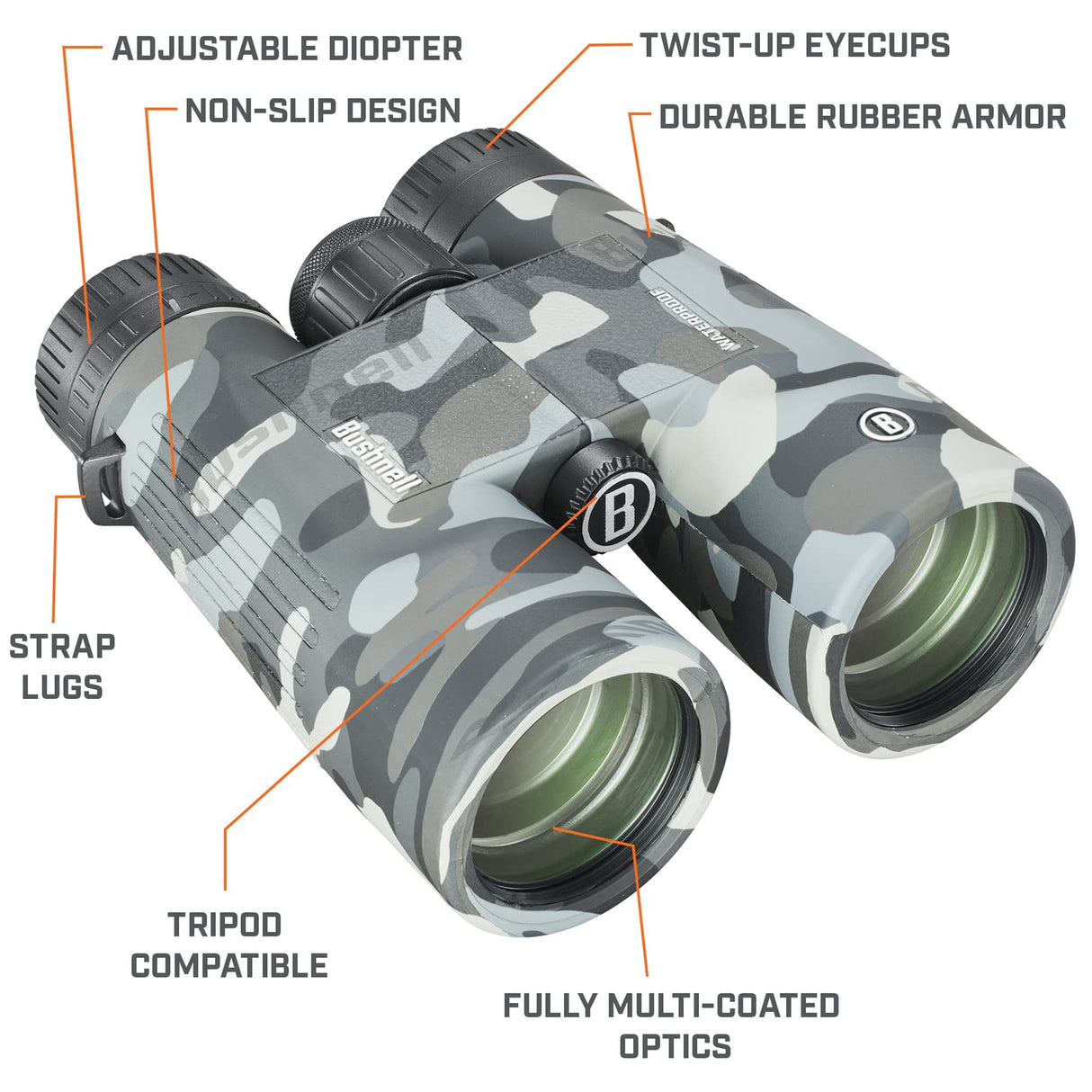 Bushnell Prismáticos Impermeables IPX7 Multiusos 10x42 con Lentes Totalmente revestidas y Armadura de Goma Duradera en Camuflaje Negro BBC1042W