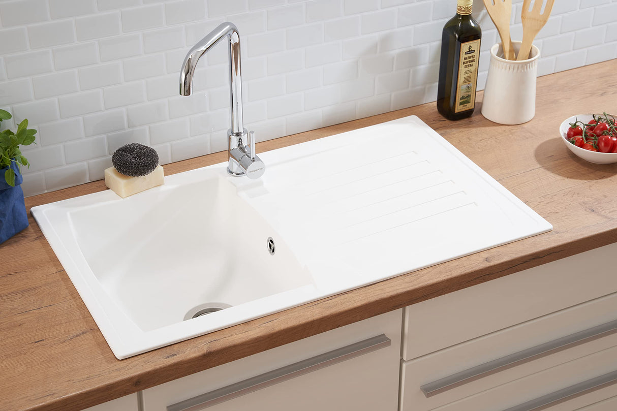 Respekta Boston Fregadero de Mineralite en blanco/Fregadero empotrado de 1 cubeta de 86 x 50 cm/Apto para bases a partir de 45 cm de ancho