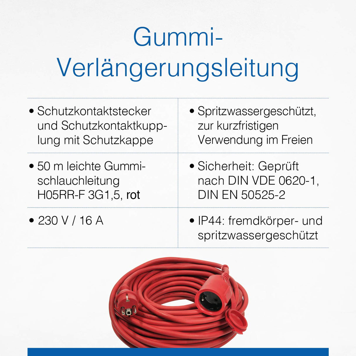 as - Schwabe alargador de Cables 50 m H05RR-F 3G1,5 - Cable de extensión 230 V / 16 A / 3.500 W - con Tapa de protección - Resistente al Polvo y a Las Salpicaduras IP44 - Rojo, 60265