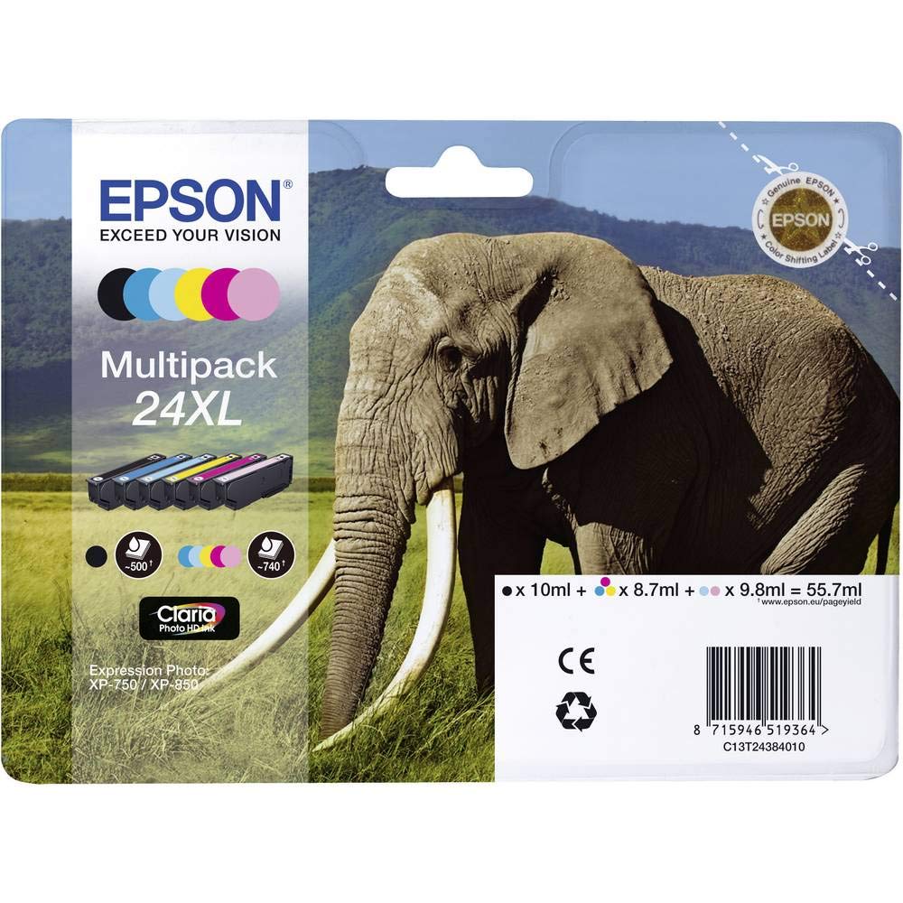 Epson 935863 - Kit de 6 cartuchos inyectables, 55.7 ml, 6 colores, XL, paquete estándar válido para los modelos XP-55, XP-750, XP-760, XP-850 y otros, Ya disponible en Amazon Dash Replenishment