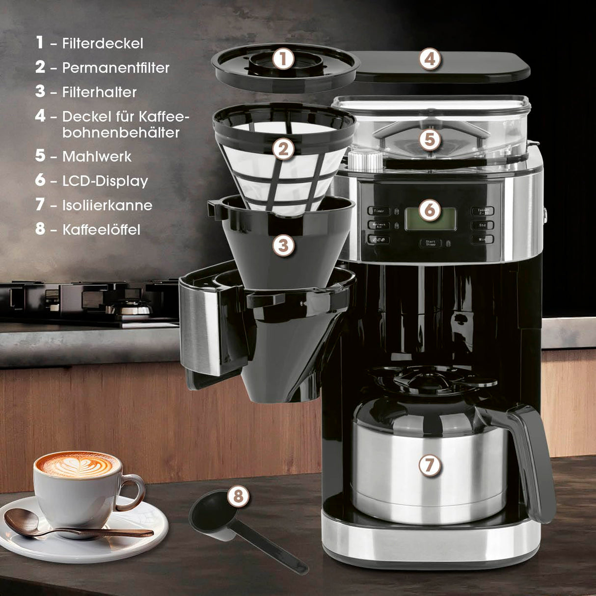 Barista Cafetera de filtro con molinillo con jarra térmica, incluye jarra térmica para hasta 10 tazas grandes de café, para granos de café y café en polvo [acero inoxidable, negro/gris