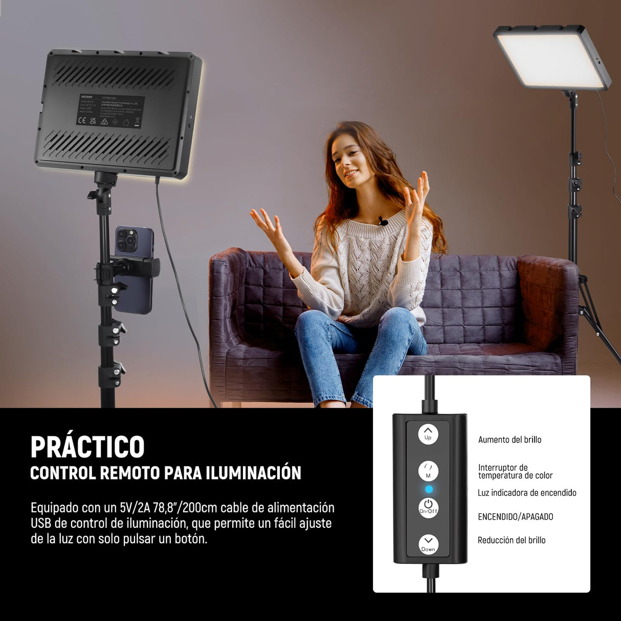 NEEWER Basico Kit Iluminación Panel Luz Video LED 2 Paquetes con 2 59'' Soportes y 2 Soportes Teléfono, 850lx/0.5m Bi Color 2700K-6500K Luz de Estudio Regulable para Foto Grabación Live Stream, BP300