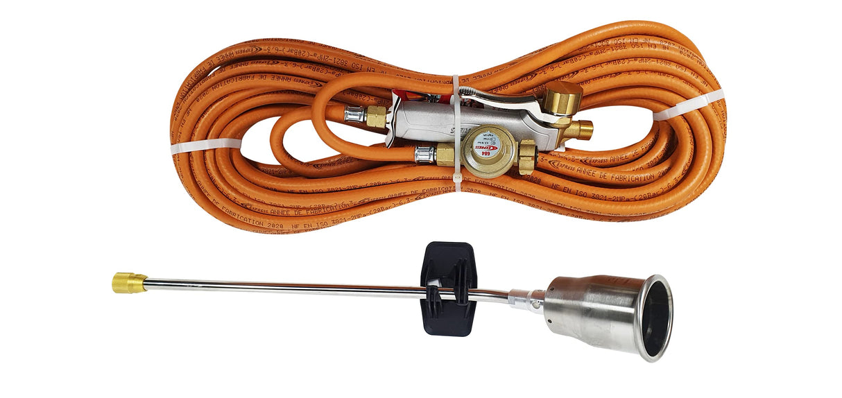 Pack INOX con 1 Quemador Ref. 100S + 1 Collar Ref. L400 + 1 Mango de Gatillo Todo Metal Ref. 640 con Empalme Giratorio + 20 m de Tubo Ref. 963/20S + 1 Regulador de Presión de 4 Bares Ref.684 - EXPRESS