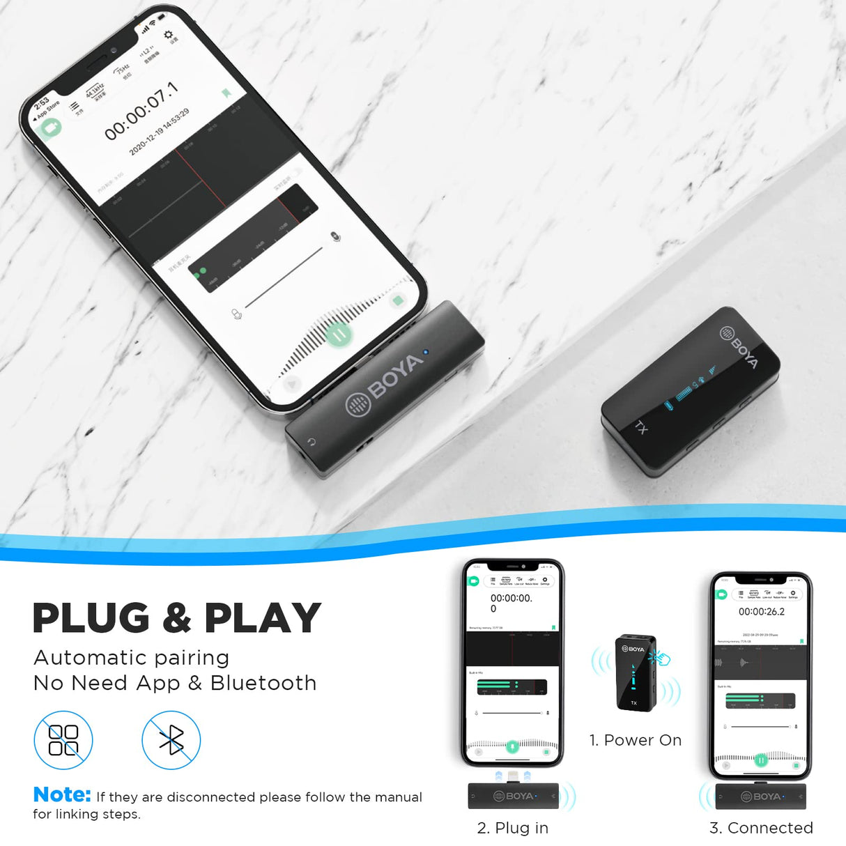 Boya XM6-S3 - Micrófono inalámbrico para iPhone, micrófono inalámbrico de 2,4 GHz con Pantalla OLED y micrófono Incorporado para Youtube, Vlogging