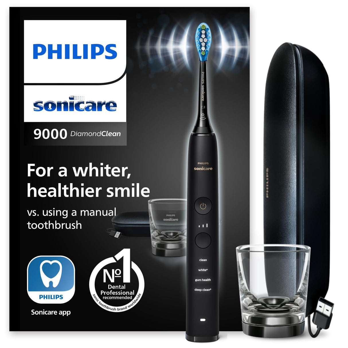 Philips Sonicare DiamondClean 9000 cepillo dental eléctrico, cepillo dental sónico con aplicación, sensor de presión, 4 modos de cepillado, 3 niveles de intensidad, negro, modelo HX9911/09