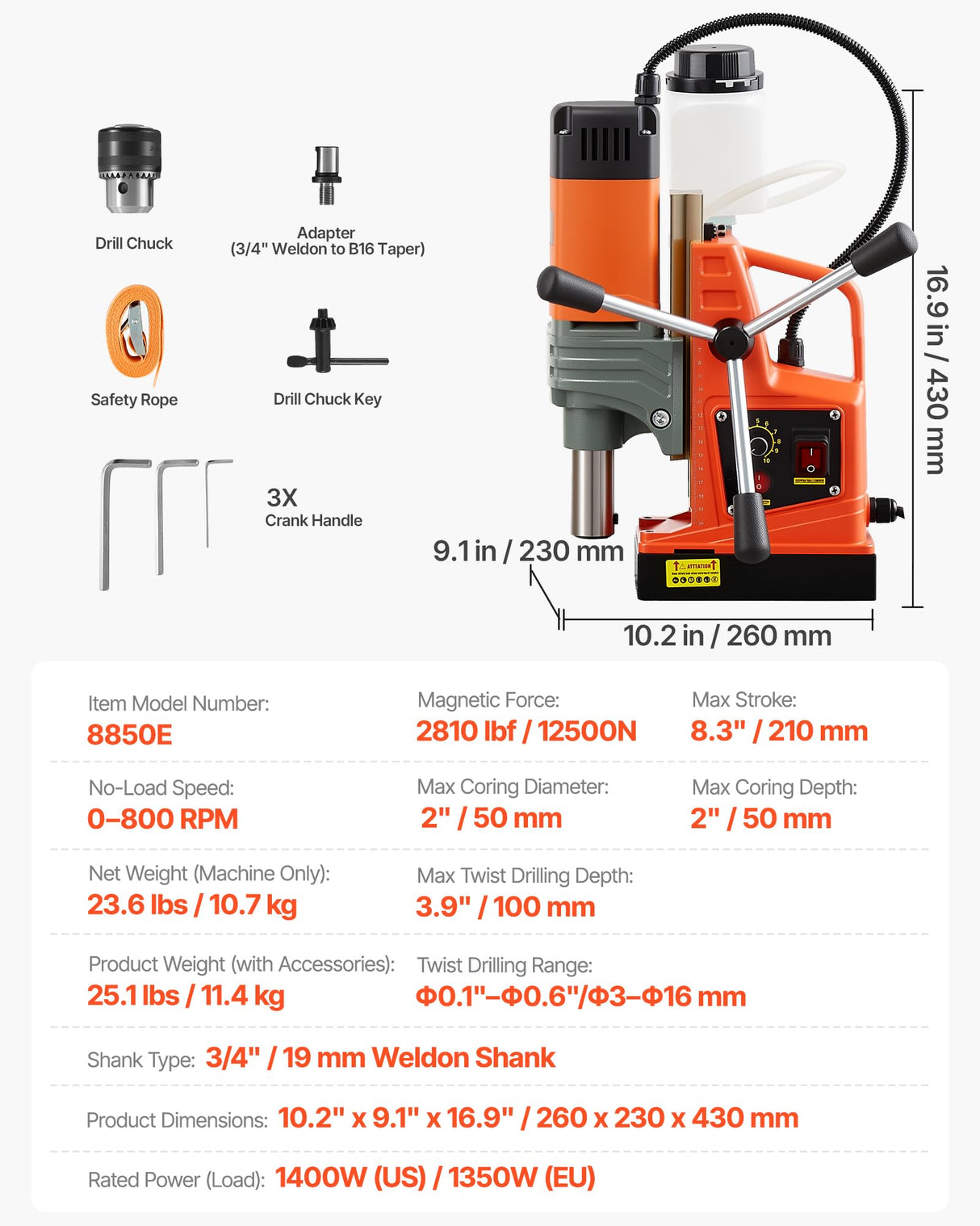 VEVOR 1350 W Taladro de Columna Magnético, Diámetro de Perforación de 50 mm, Potencia de 12500 N, Velocidad Ajustable de 0 a 800 RPM, con Vástago Weldon, para Superficies Metálicas, Industria