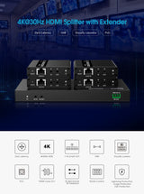 PremiumCord 4K HDMI 1-2 Splitter + Extensor vía Cat6/6a/7, Ultra HD 4K @ 30Hz a 70m, Carcasa Metálica, 2 Receptores con Fuente de Alimentación, Dolby TrueHD, 3D, EDID, CEC, HDCP2.2