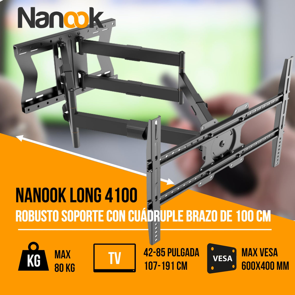 Nanook 4100 Soporte de Pared de Brazo Largo para televisores de 42 a 75 Pulgadas, Extensión Extra Larga de hasta 100 cm, Soporte de TV Que Permite Movimiento Completo, Soporta un Peso de hasta 80 kg