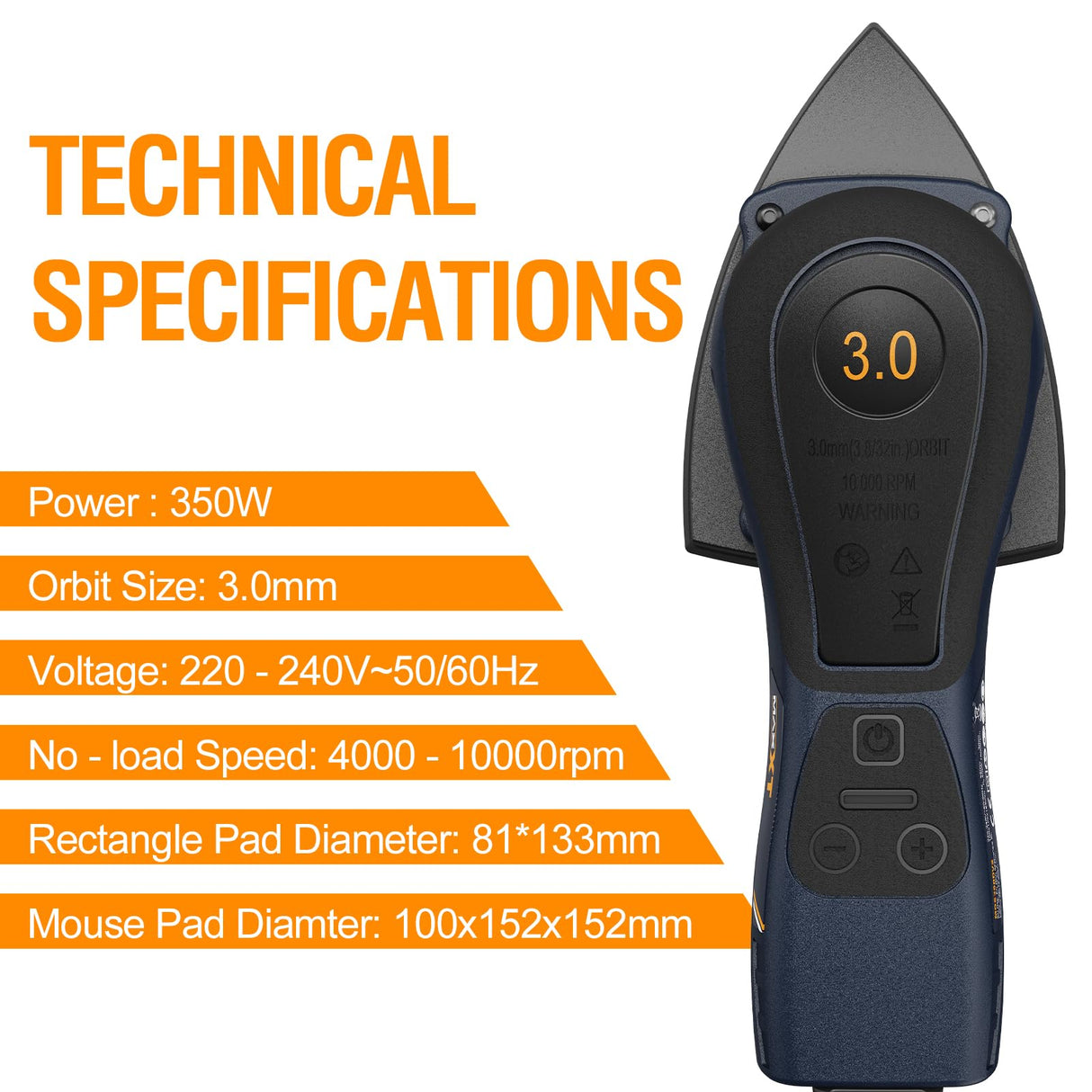 MAXXT Lijadora Delta y Rectangular 2EN1 sin escobillas 350W, 6 velocidades ajustables (4000-10000 rpm), Parada1-2 segundos, Incluye 20 hojas de lija, para rincones estrechos y lijado fino