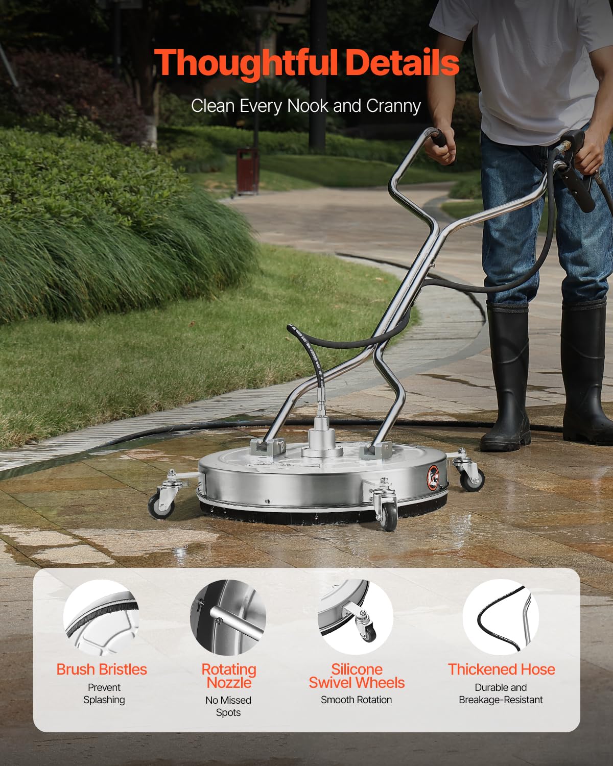 VEVOR Limpiador de Superficies con Hidrolavadora, Acero Inoxidable, 4 Ruedas, Forma Redondo, 27,58 Mpa máx., 2 Boquillas Rociadoras, Mango Doble, para Concreto, Patio, Acera, 612 x 612 x 1500 mm