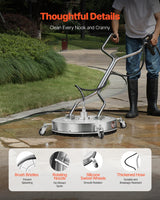 VEVOR Limpiador de Superficies con Hidrolavadora, Acero Inoxidable, 4 Ruedas, Forma Redondo, 27,58 Mpa máx., 2 Boquillas Rociadoras, Mango Doble, para Concreto, Patio, Acera, 612 x 612 x 1500 mm