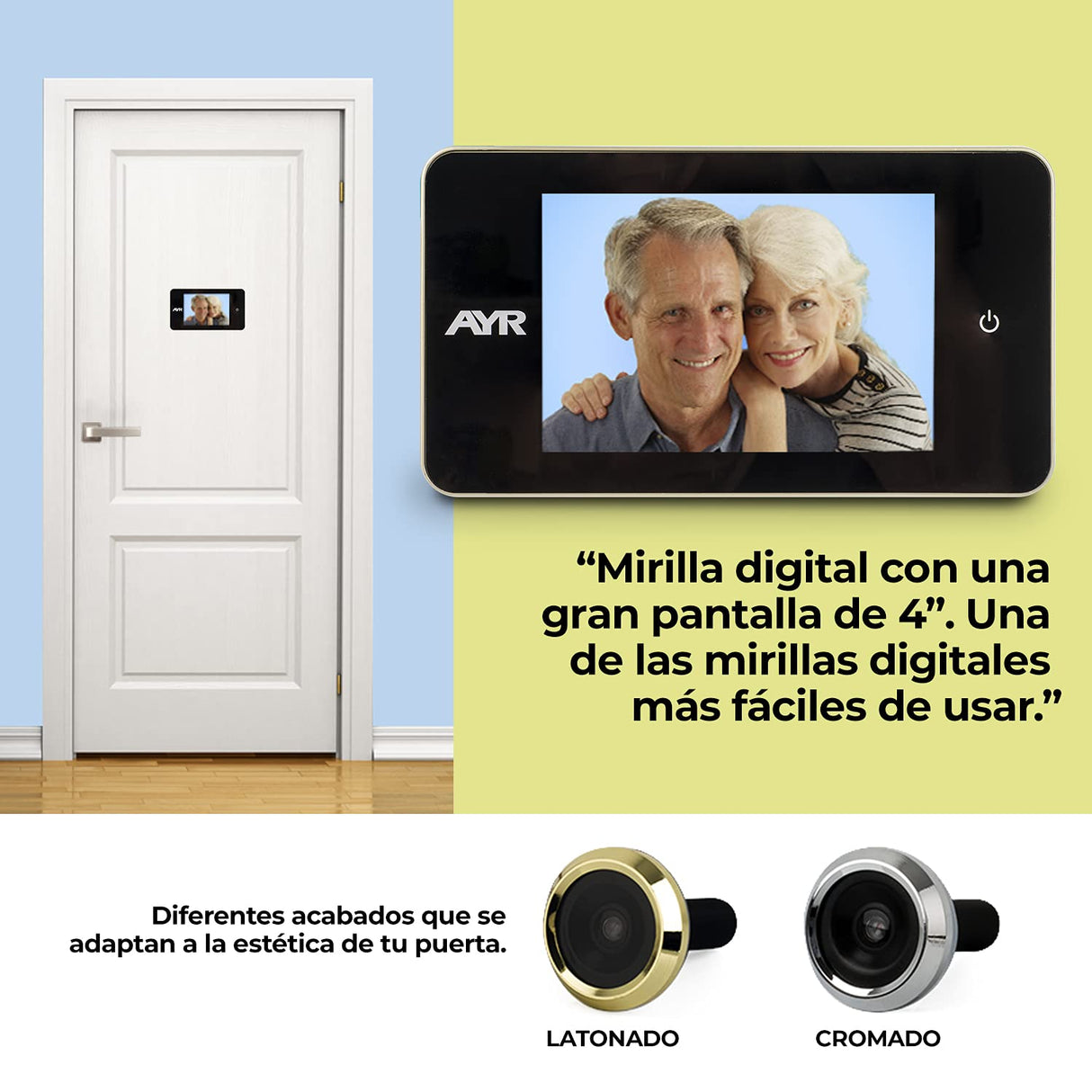 Mirilla digital AYR 754. Acabado níquel mate/latón.