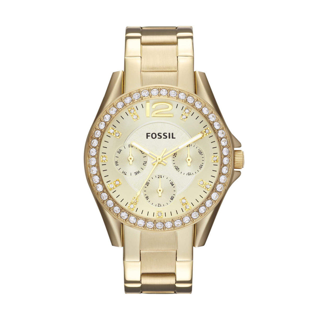 Fossil Riley Reloj para mujer, movimiento cronógrafo con correa de acero o piel, Dorado y purpurina, 38MM