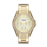 Fossil Riley Reloj para mujer, movimiento cronógrafo con correa de acero o piel, Dorado y purpurina, 38MM