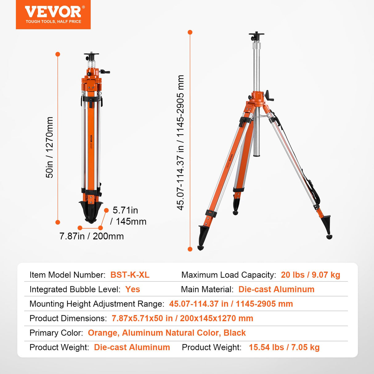 VEVOR Trípode para Nivel Láser Resistente, Ajuste de Altura de 1145-2905 mm, con Burbuja de Nivel y Limitador de Difusión, Pies Antideslizantes Elevables para Construcción, 200 x 145 x 1270 mm