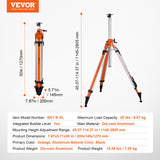 VEVOR Trípode para Nivel Láser Resistente, Ajuste de Altura de 1145-2905 mm, con Burbuja de Nivel y Limitador de Difusión, Pies Antideslizantes Elevables para Construcción, 200 x 145 x 1270 mm